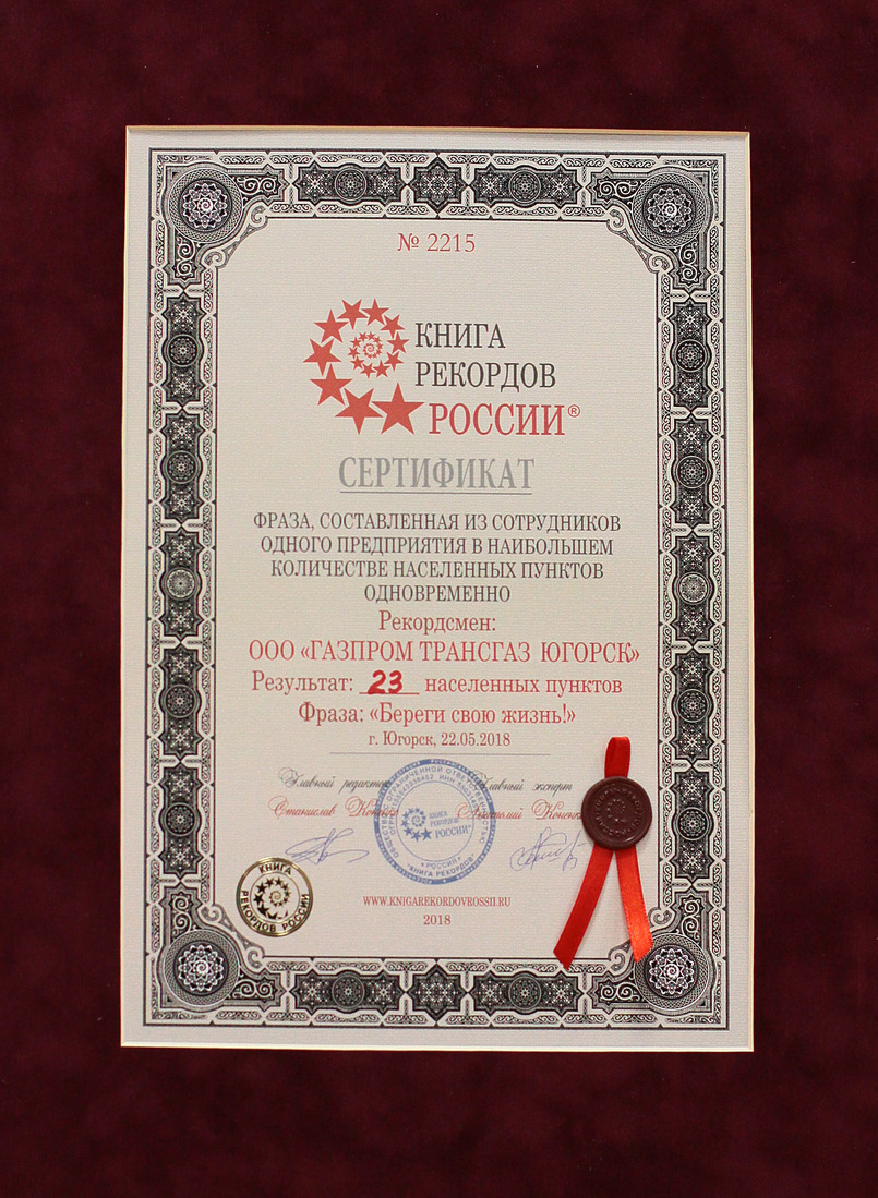 Сертификат, подтверждающий новый рекорд России